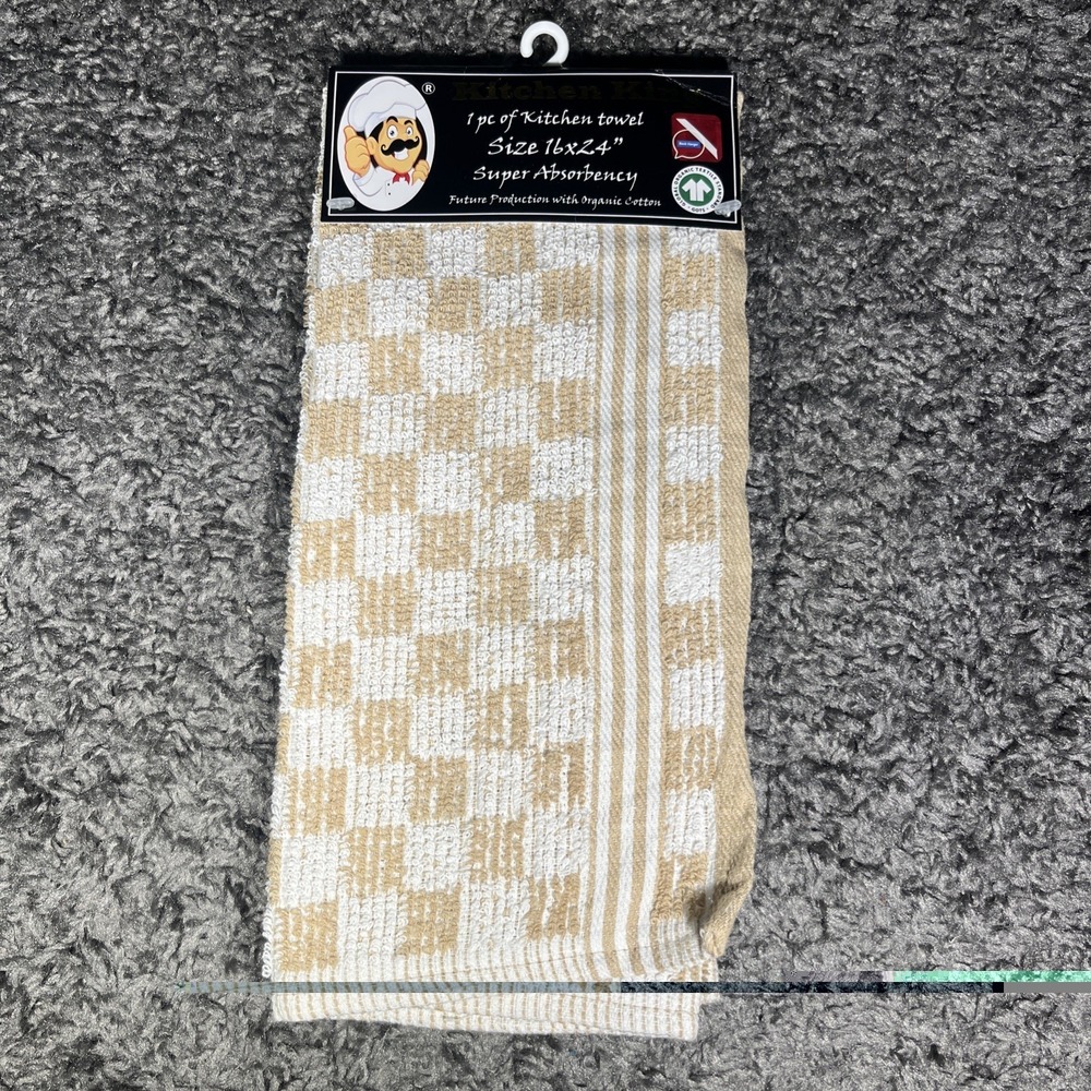 Kitchen King‎ Kitchen Towel Organic Cotton 16x 24 Tan White Checkered Hang Strap